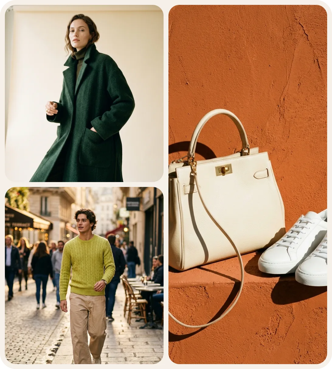 Kampagnenwand mit drei Motivvarianten: Frau im grünen Mantel, Mann im Strickpullover in einer Altstadtgasse, Handtasche und Sneaker vor Terrakotta-Wand