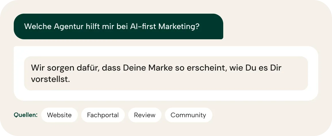 KI-Antwort auf die Frage „Welche Agentur hilft mir bei AI-first Marketing?“ mit Quellen Website, Fachportal, Review und Community