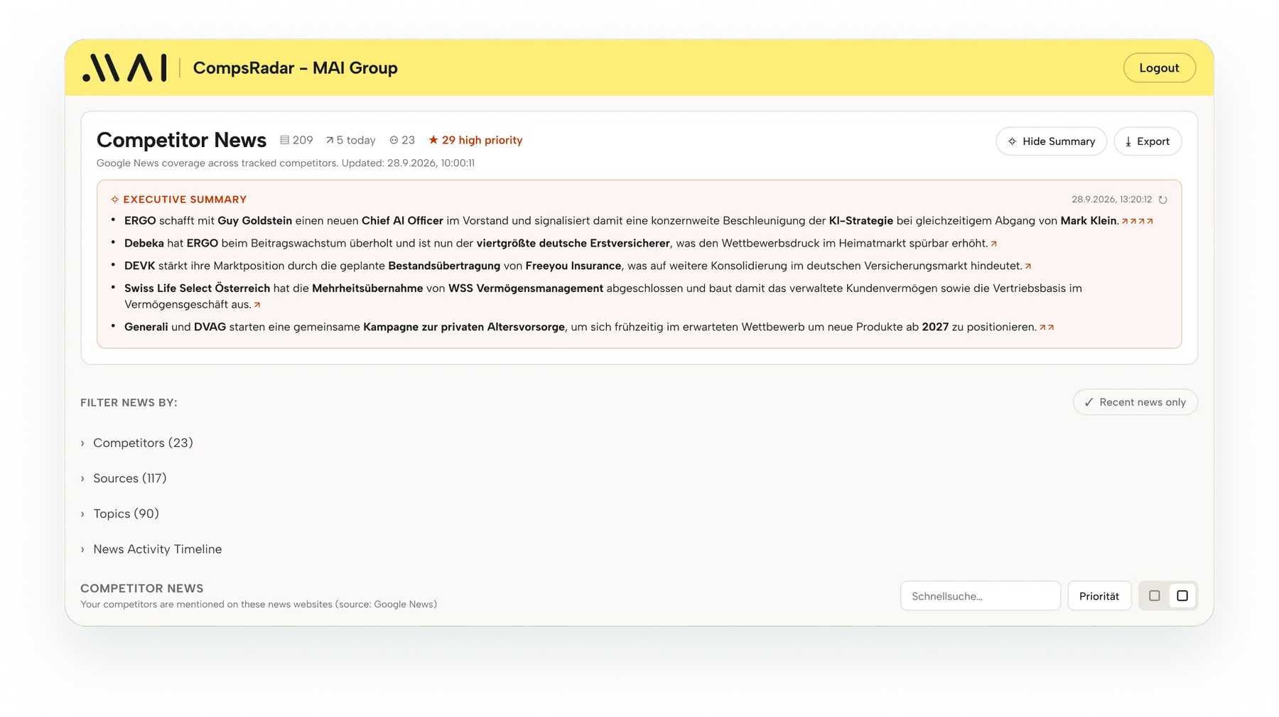 Produktansicht Comps Radar: Competitor News mit KI-Zusammenfassung